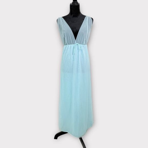 Vintage Sears Long Nightgown Size 32/34 (S/M?) Blue Sheer Bust Plunge‎ V Neck - Picture 1 of 9